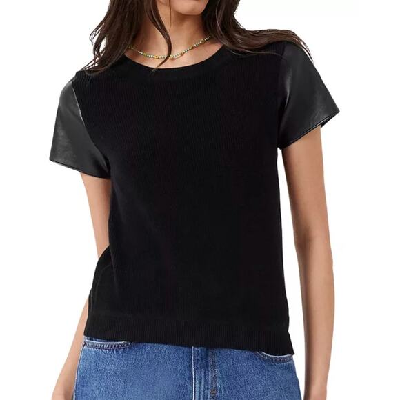 FRENCH CONNECTION London Vegan leather Knit Top Short Sleeves Sweater Black M - Picture 1 of 10